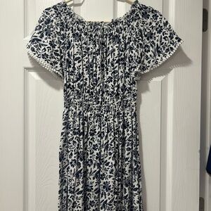 Navy Floral Smocked Midi Dress